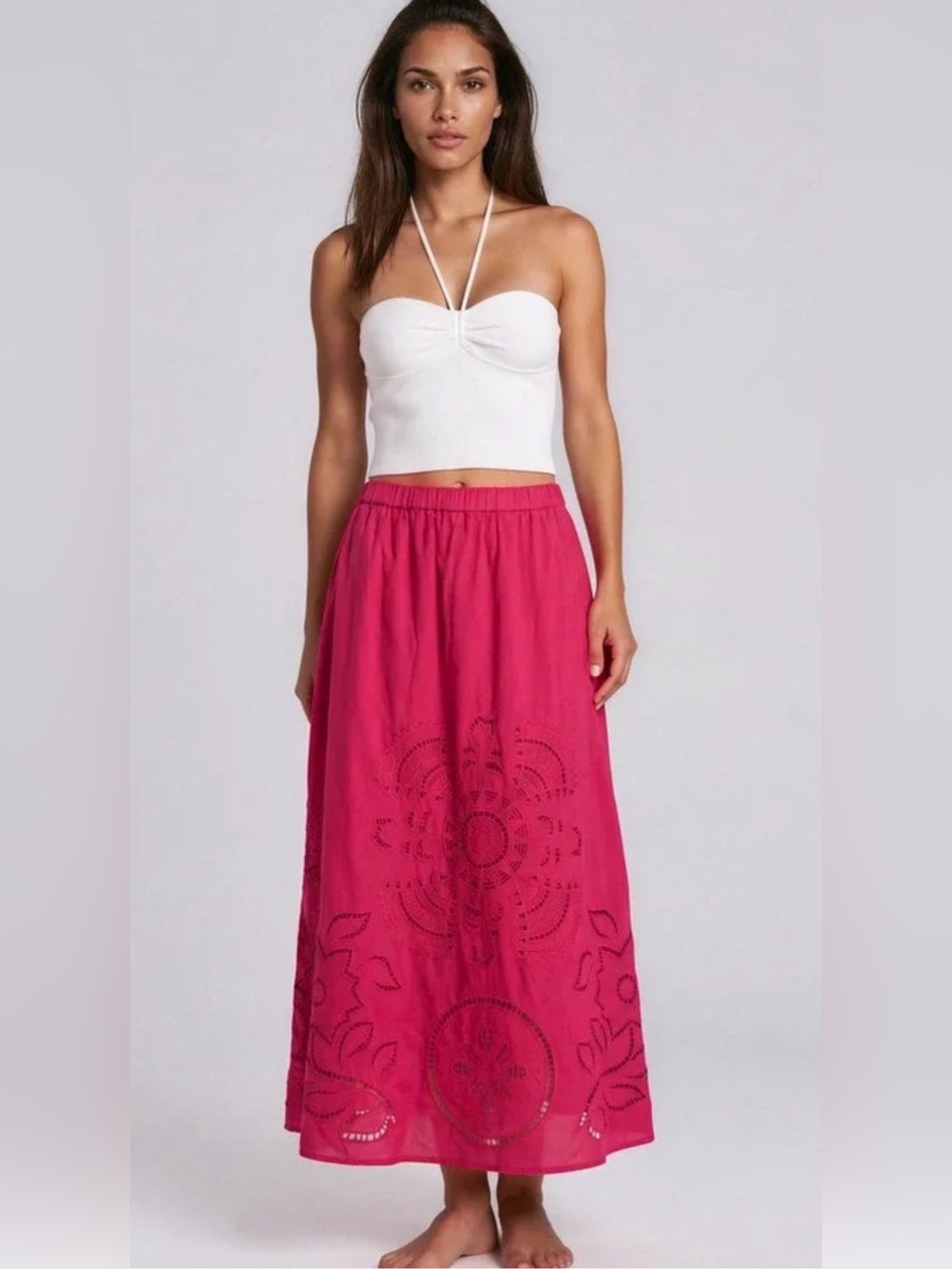 MISA Los Angeles Hot Pink Cutwork Embroidered Maxi Skirt NWT M